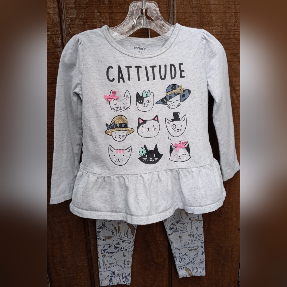 D1) Carter’s Toddler Girl Outfit 3T “Cattitude”Cat Shirt & Cat Leggings Set